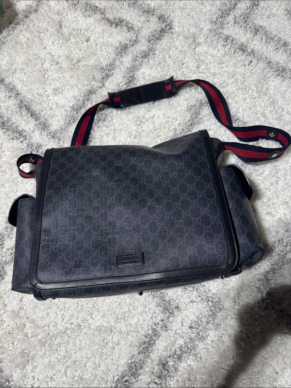 Gucci Dark Gray black Monogram Diaper Bag with Red Web Strap Msrp $1895